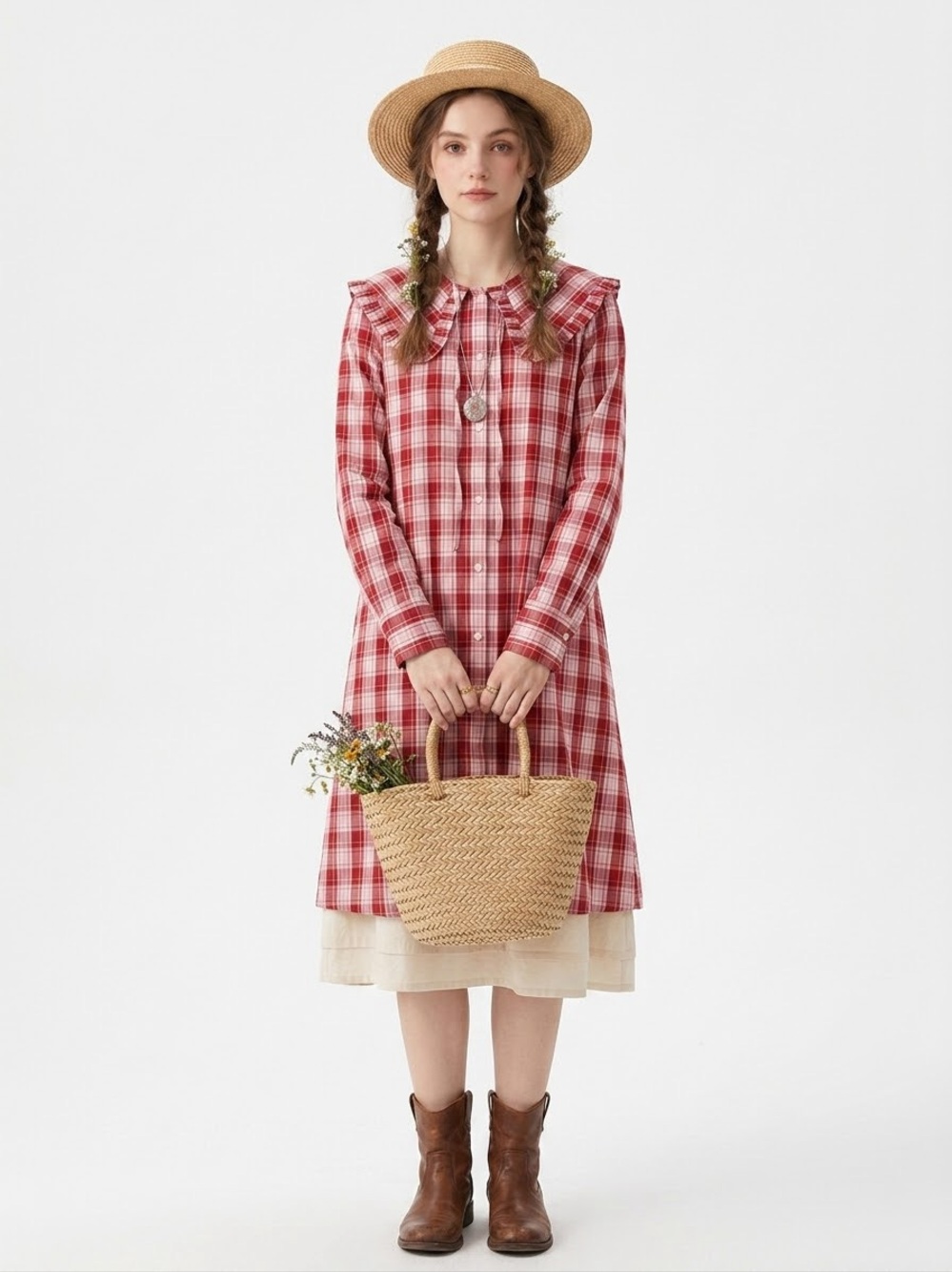 Cottagecore Pilgrim Collar Plaid Ruffle Shirt Dress Prairie Romantic Western